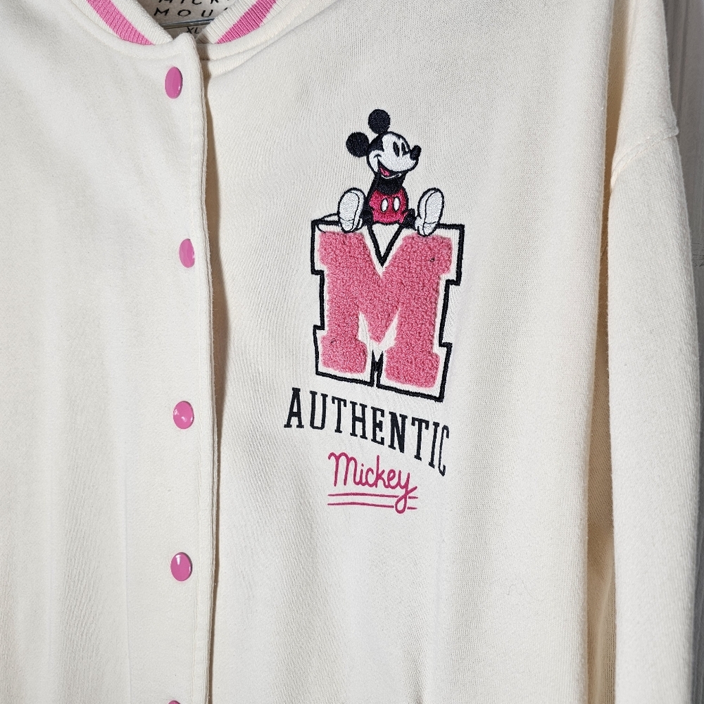 DISNEY MICKEY MOUSE XL Bomber Varsity Embroidered Jacket Pink Ivory Buttoned - Picture 2 of 13